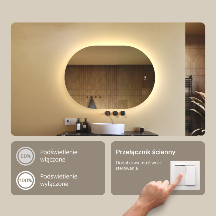 100x70 cm Podświetlane lustro do łazienki, 100x70cm, Dual color, Włącznik dotykowy, Mata grzewcza