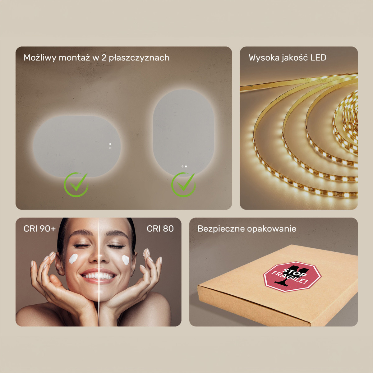 100x70 cm Podświetlane lustro do łazienki, 100x70cm, Dual color, Włącznik dotykowy, Mata grzewcza