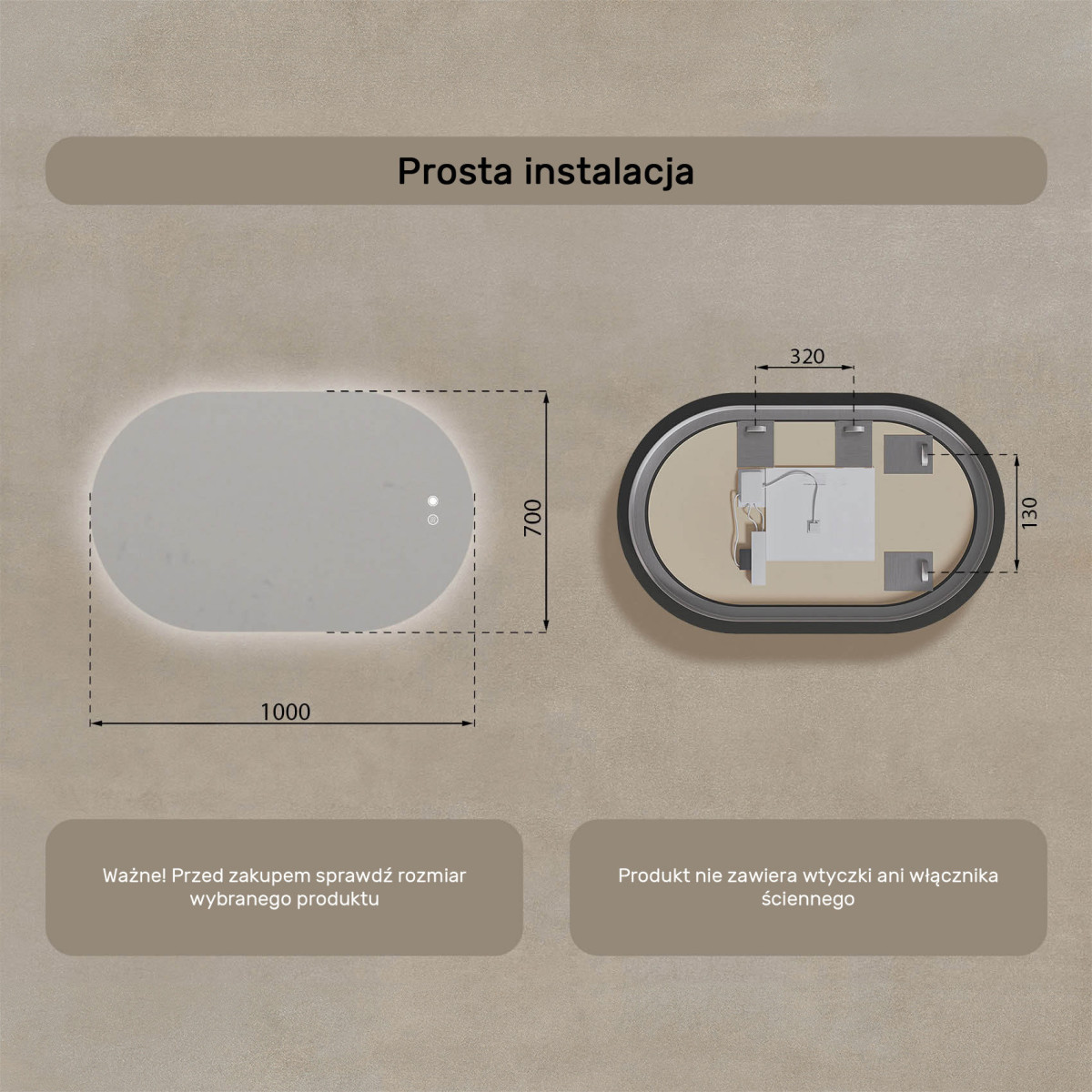 100x70 cm Podświetlane lustro do łazienki, 100x70cm, Dual color, Włącznik dotykowy, Mata grzewcza