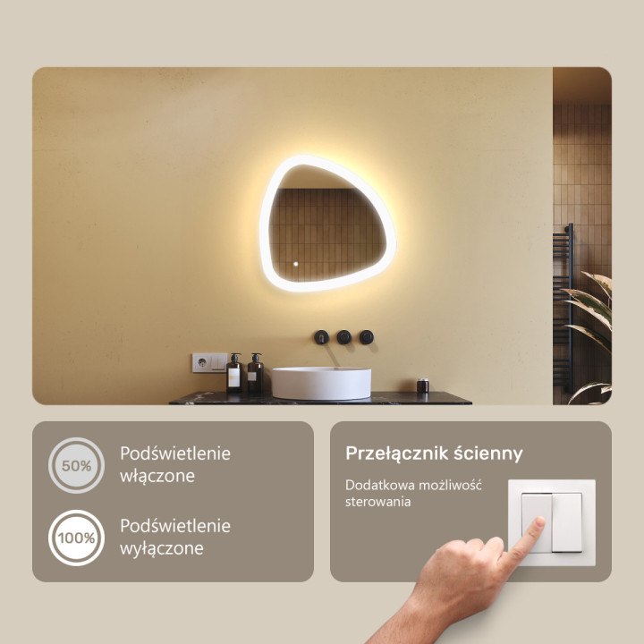 54x54 cm Lustro nieregularne z podświetleniem, 54x54cm, Dual color, Włącznik dotykowy