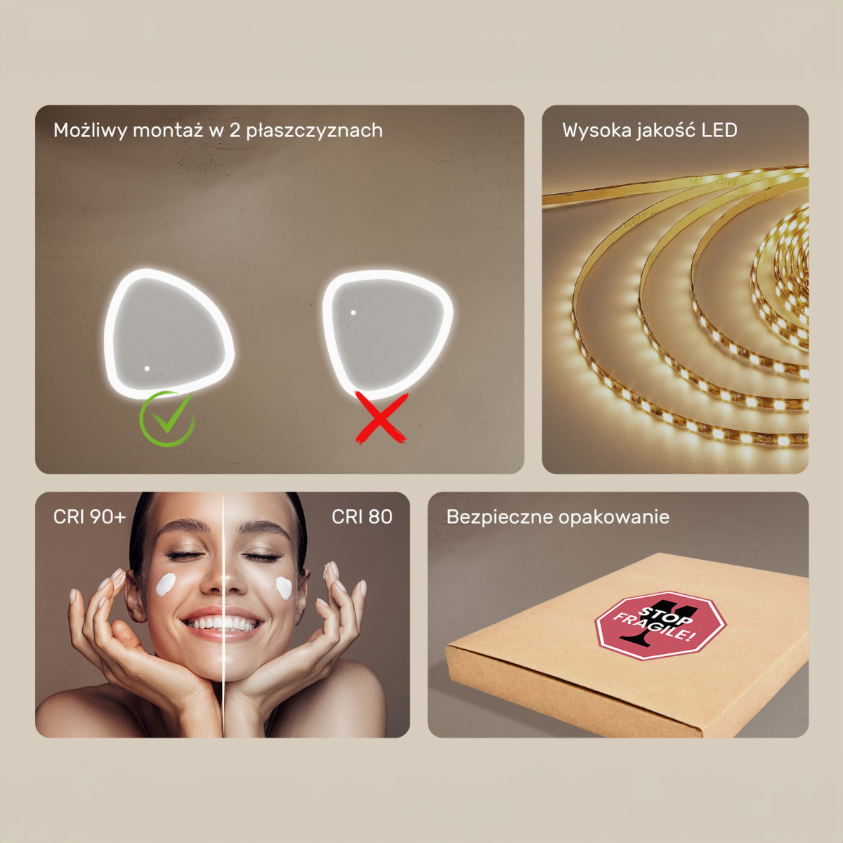 54x54 cm Lustro nieregularne z podświetleniem, 54x54cm, Dual color, Włącznik dotykowy