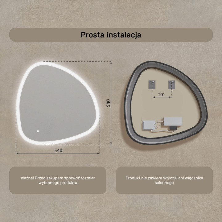 54x54 cm Lustro nieregularne z podświetleniem, 54x54cm, Dual color, Włącznik dotykowy