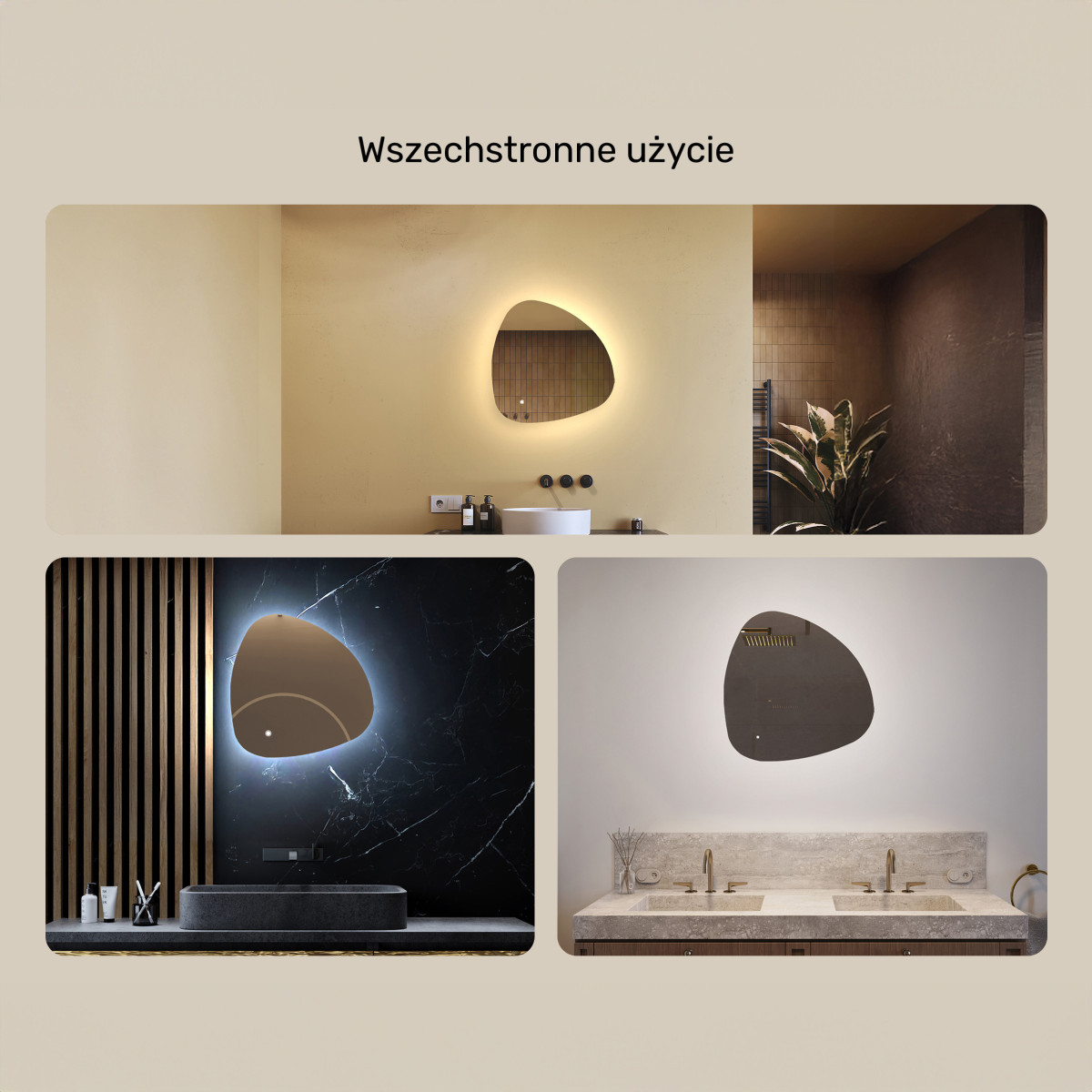 54x54 cm Lustro nieregularne z podświetleniem, 54x54cm, Dual color, Włącznik dotykowy