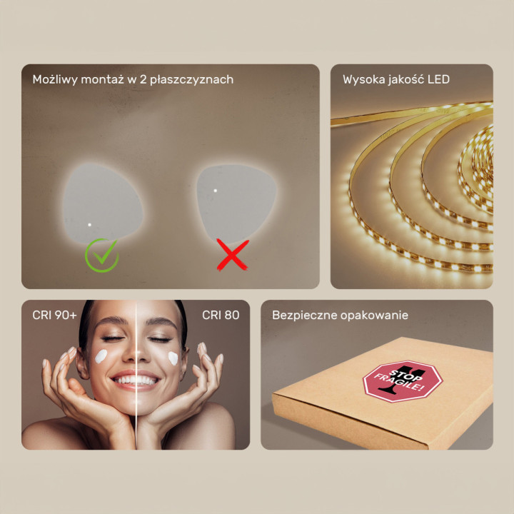 54x54 cm Lustro nieregularne z podświetleniem, 54x54cm, Dual color, Włącznik dotykowy