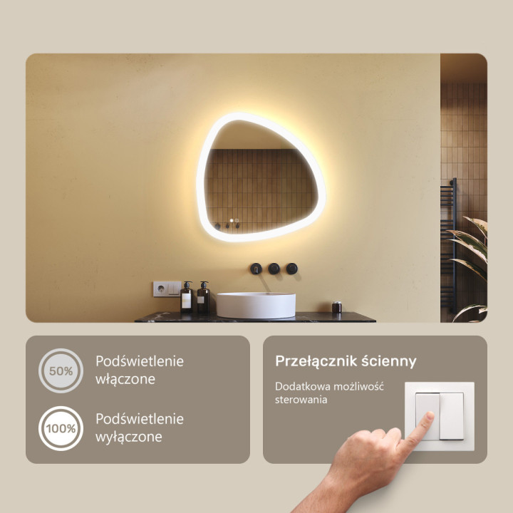 64x64 cm Lustro nieregularne z podświetleniem, 64x64cm, Dual color, Włącznik dotykowy, Mata grzewcza