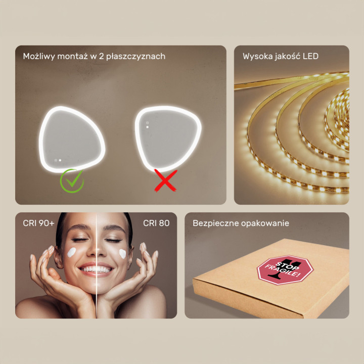 64x64 cm Lustro nieregularne z podświetleniem, 64x64cm, Dual color, Włącznik dotykowy, Mata grzewcza