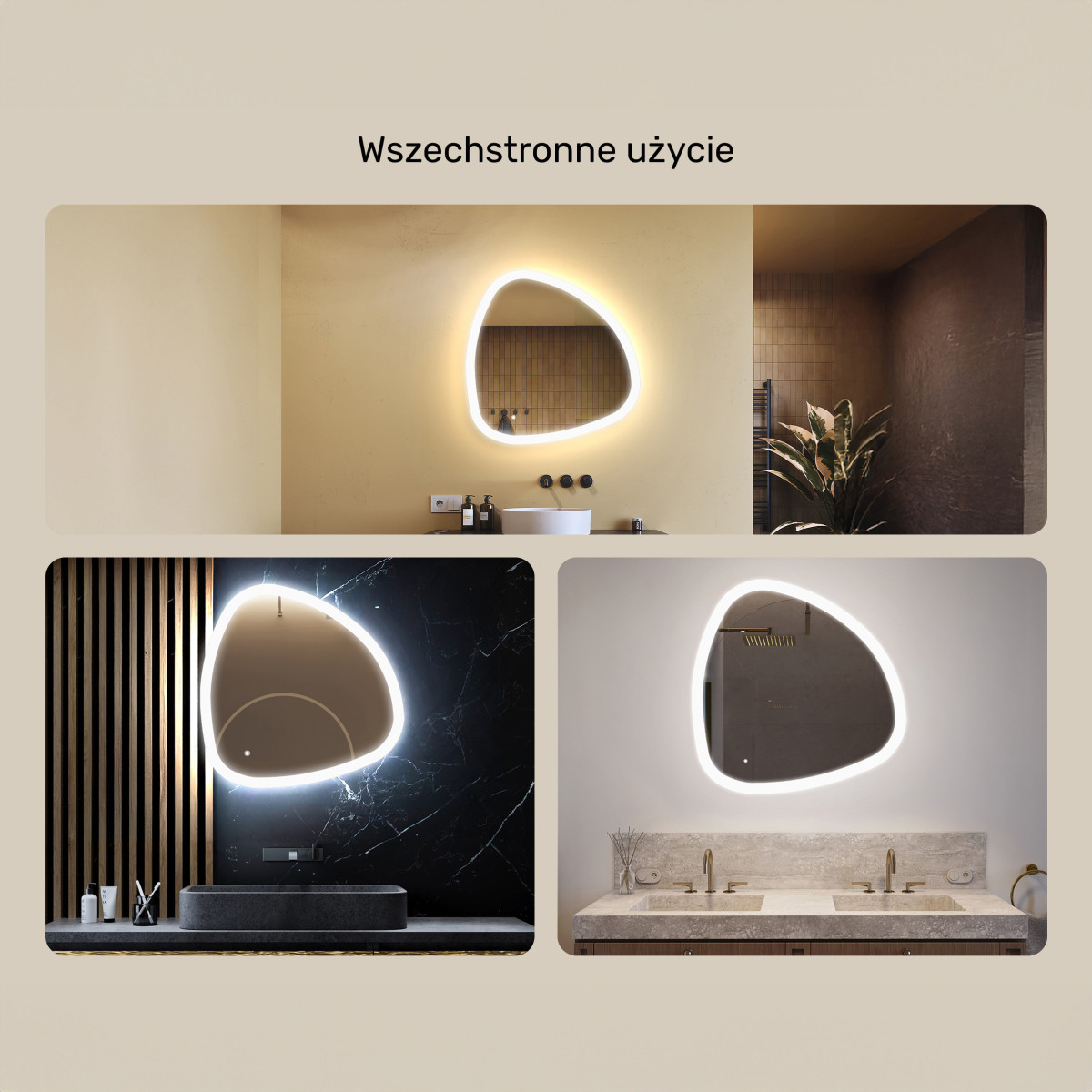 74x74 cm Lustro nieregularne z podświetleniem, 74x74cm, Dual color, Włącznik dotykowy