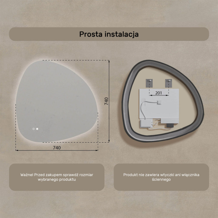 74x74 cm Lustro nieregularne z podświetleniem, 74x74cm, Dual color, Włącznik dotykowy, Mata grzewcza