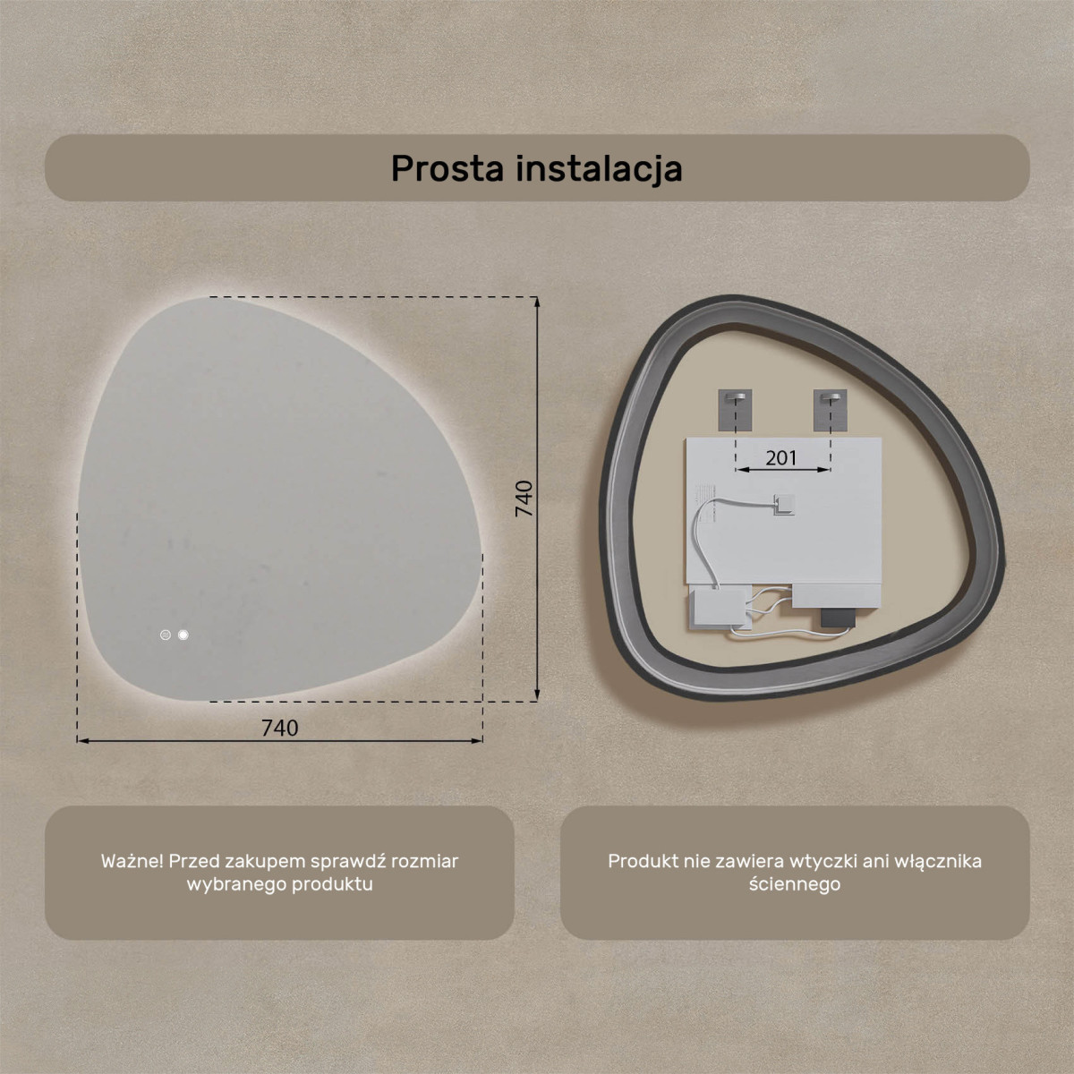74x74 cm Lustro nieregularne z podświetleniem, 74x74cm, Dual color, Włącznik dotykowy, Mata grzewcza
