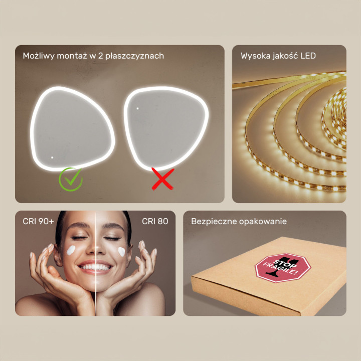 94x94 cm Lustro łazienkowe z oświetleniem, 94x94cm, Dual color, Włącznik dotykowy