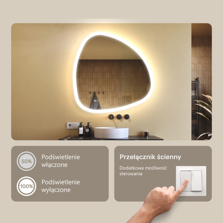 94x94 cm Lustro nieregularne z podświetleniem, 94x94cm, Dual color, Włącznik dotykowy, Mata grzewcza