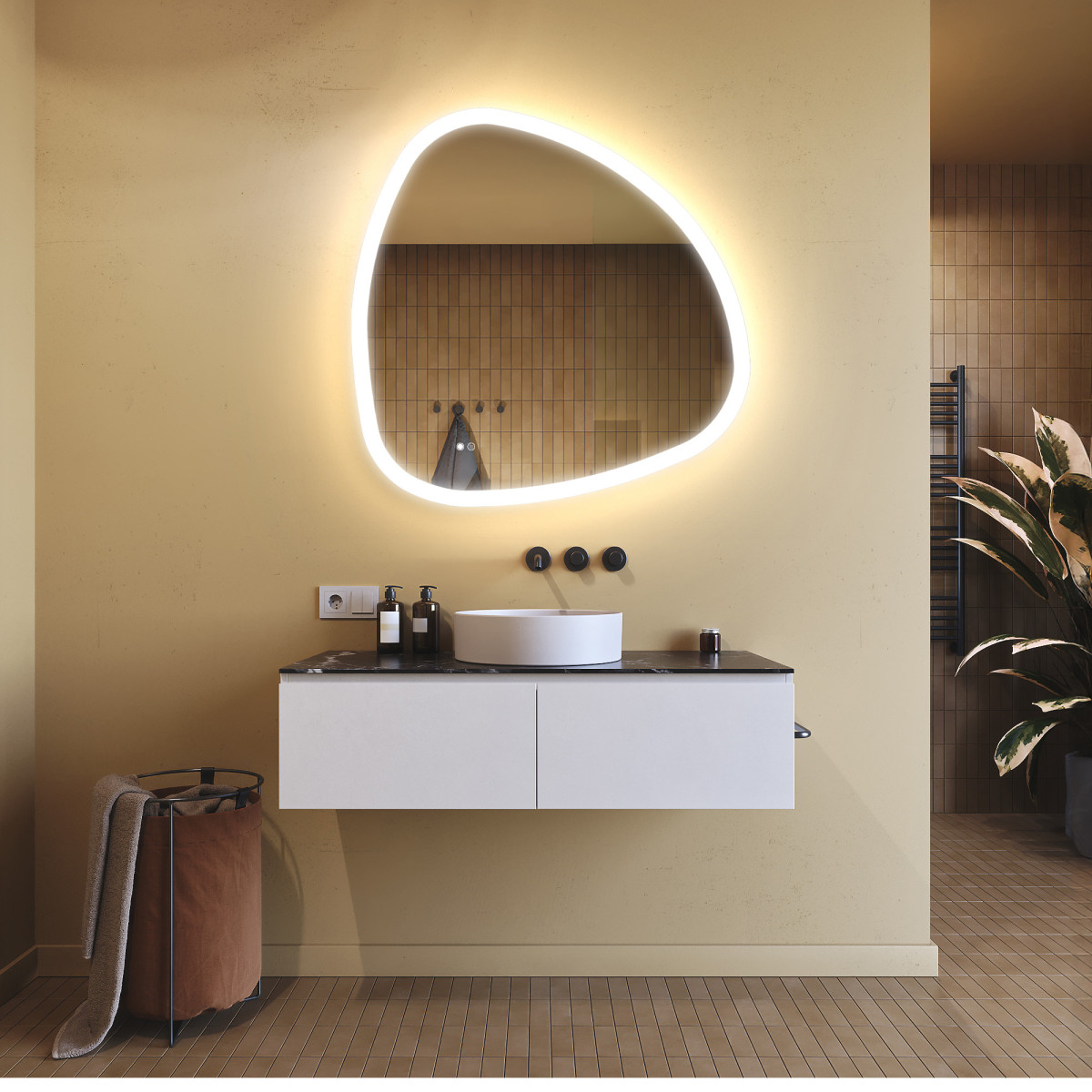 94x94 cm Lustro nieregularne z podświetleniem, 94x94cm, Dual color, Włącznik dotykowy, Mata grzewcza