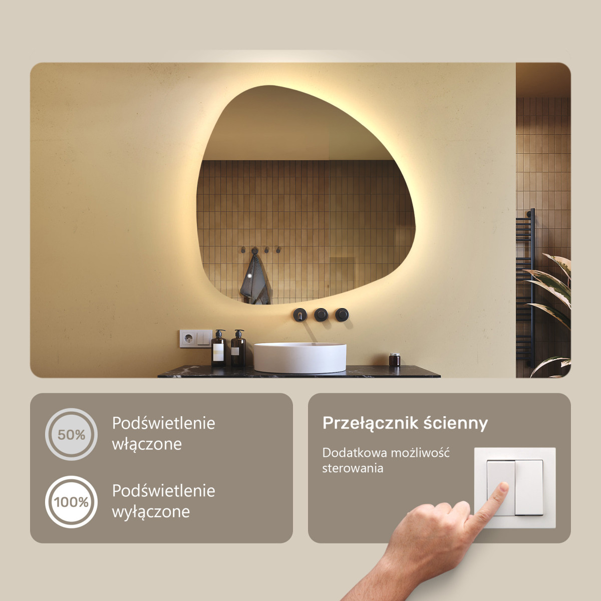 94x94 cm Lustro łazienkowe z oświetleniem, 94x94cm, Dual color, Włącznik dotykowy
