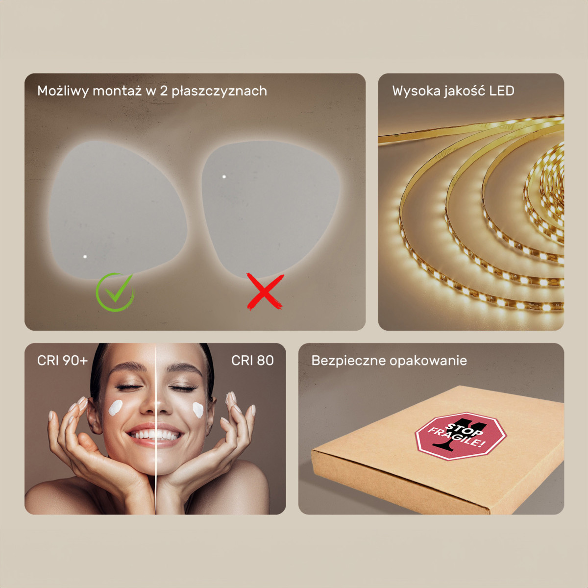 94x94 cm Lustro łazienkowe z oświetleniem, 94x94cm, Dual color, Włącznik dotykowy