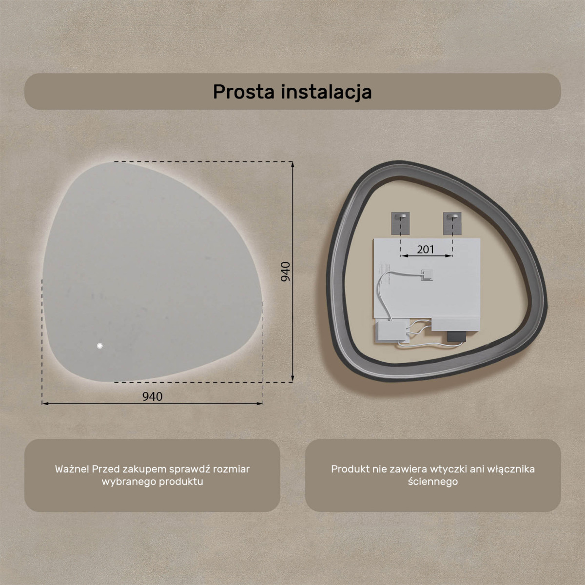94x94 cm Lustro łazienkowe z oświetleniem, 94x94cm, Dual color, Włącznik dotykowy