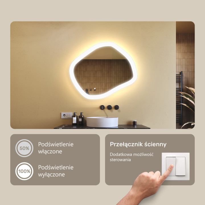 64x54 cm Lustro łazienkowe z oświetleniem, 64x54cm, Dual color, Włącznik dotykowy