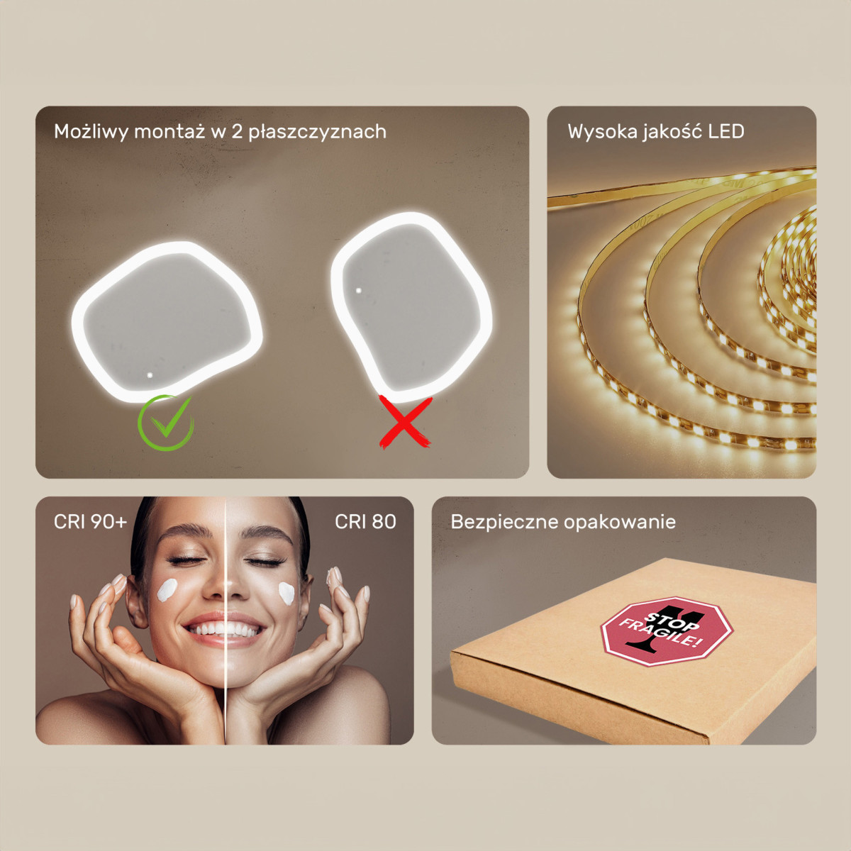 64x54 cm Lustro łazienkowe z oświetleniem, 64x54cm, Dual color, Włącznik dotykowy