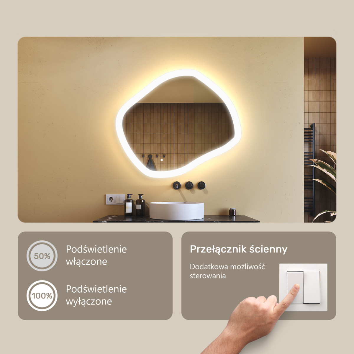 74x64 cm Lustro łazienkowe z oświetleniem, 74x64cm, Dual color, Włącznik dotykowy