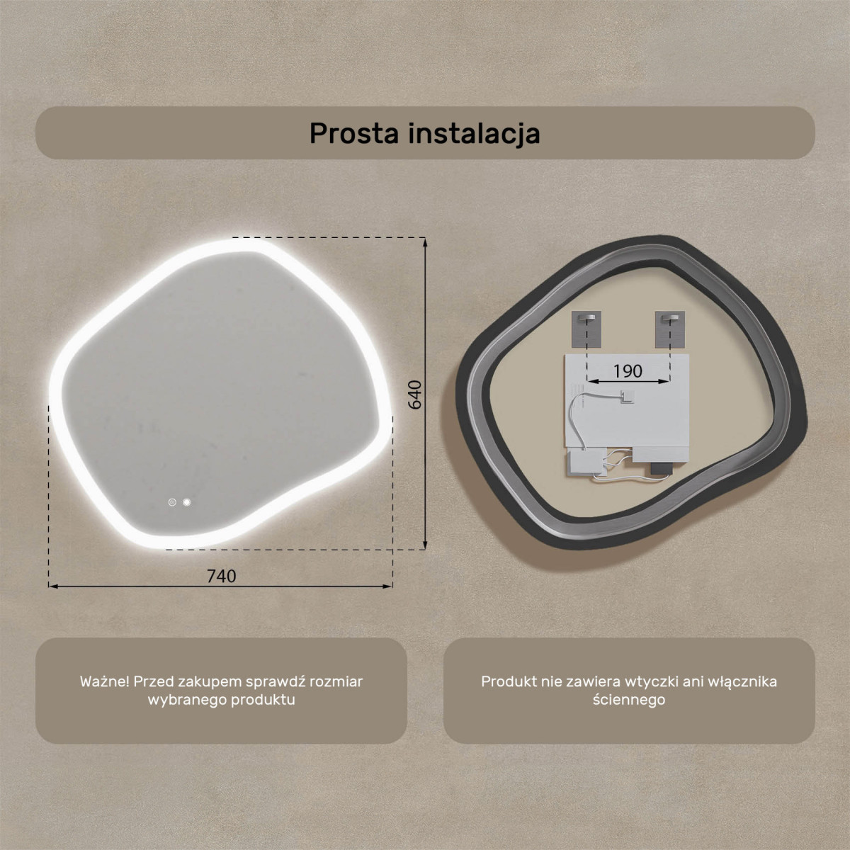 74x64 cm Lustro łazienkowe z oświetleniem, 74x64cm, Dual color, Włącznik dotykowy, Mata grzewcza