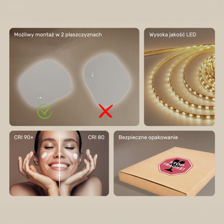 74x64 cm Lustro łazienkowe z oświetleniem, 74x64cm, Dual color, Włącznik dotykowy, Mata grzewcza