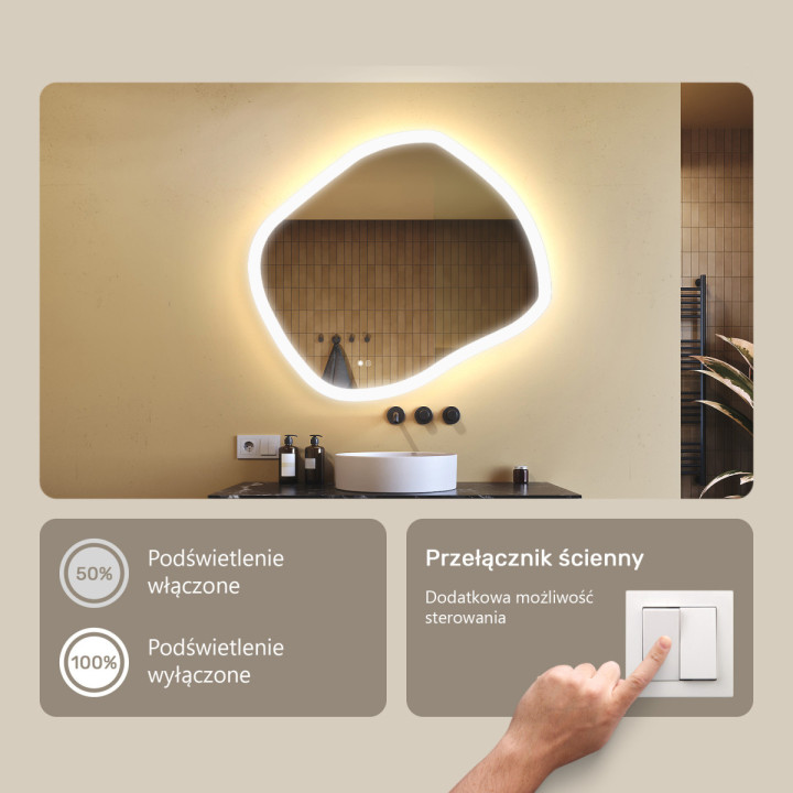 94x84 cm Lustro łazienkowe z oświetleniem, 94x84cm, Dual color, Włącznik dotykowy, Mata grzewcza