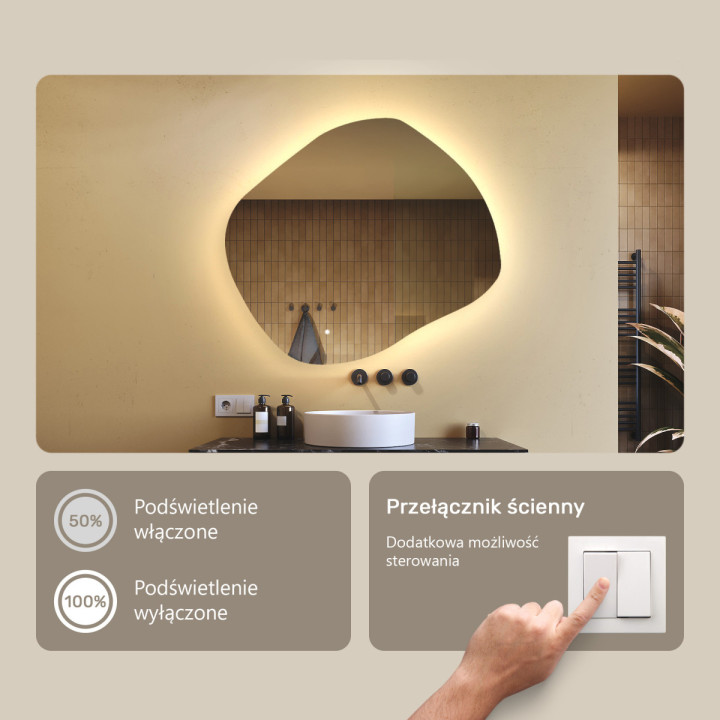 94x84 cm Lustro nieregularne z podświetleniem, 94x84cm, Dual color, Włącznik dotykowy
