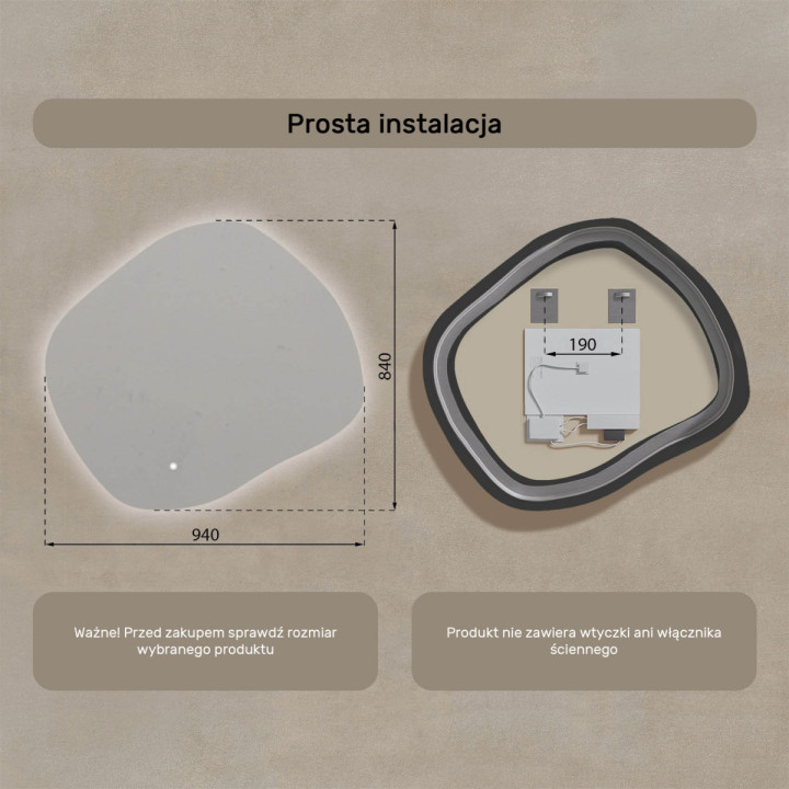 94x84 cm Lustro nieregularne z podświetleniem, 94x84cm, Dual color, Włącznik dotykowy