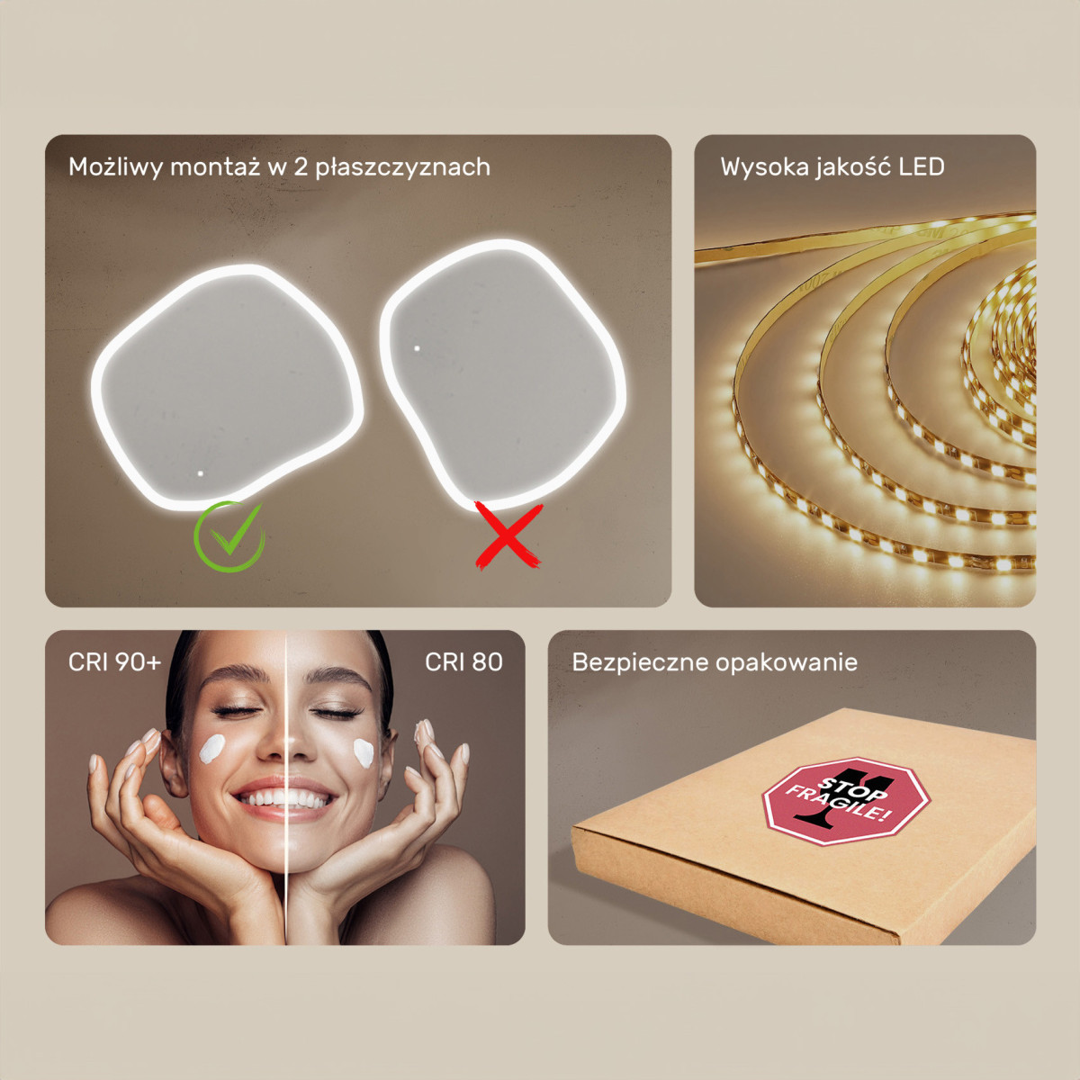 104x94 cm Lustro łazienkowe z oświetleniem, 104x94cm, Dual color, Włącznik dotykowy