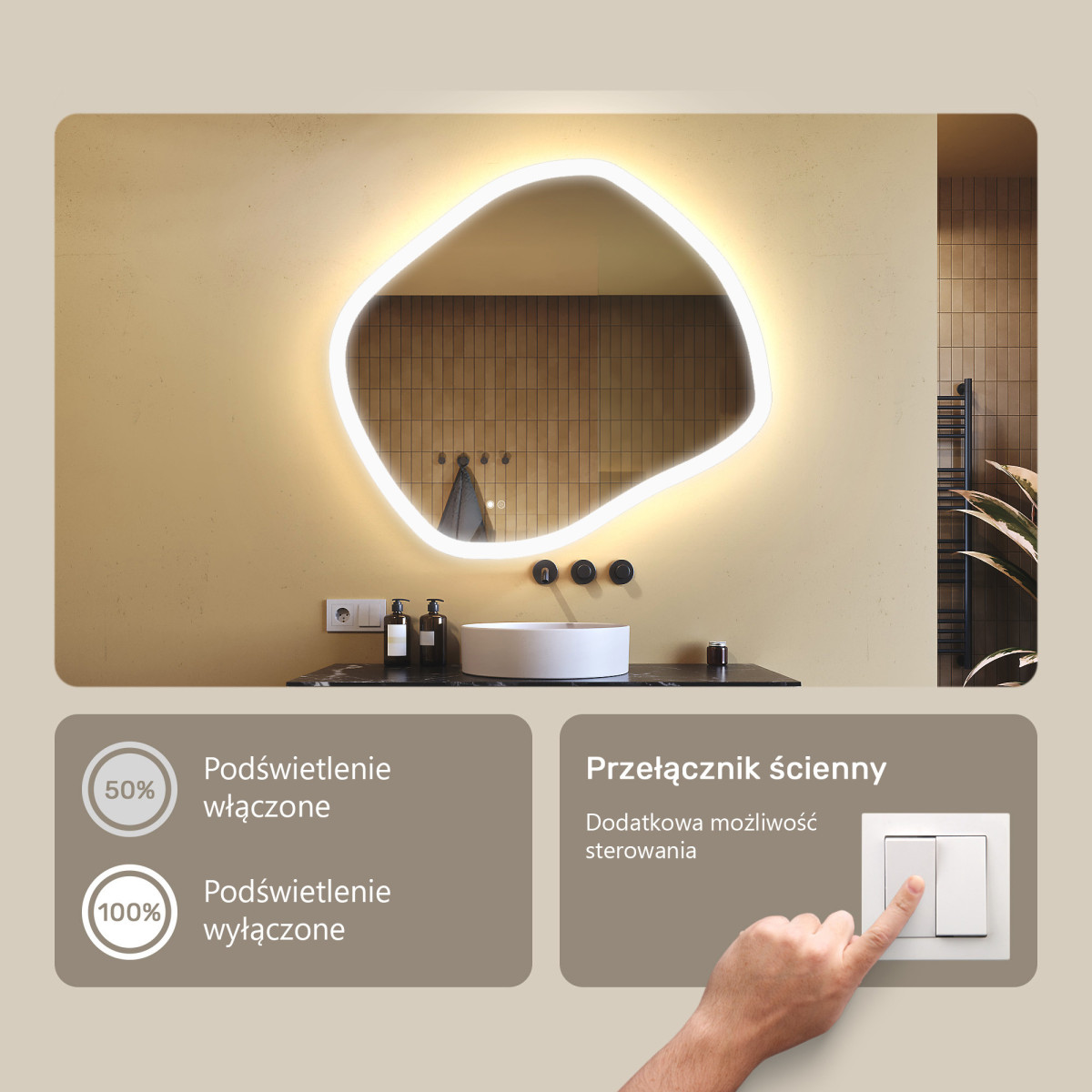 104x94 cm Lustro łazienkowe z oświetleniem, 104x94cm, Dual color, Włącznik dotykowy, Mata grzewcza