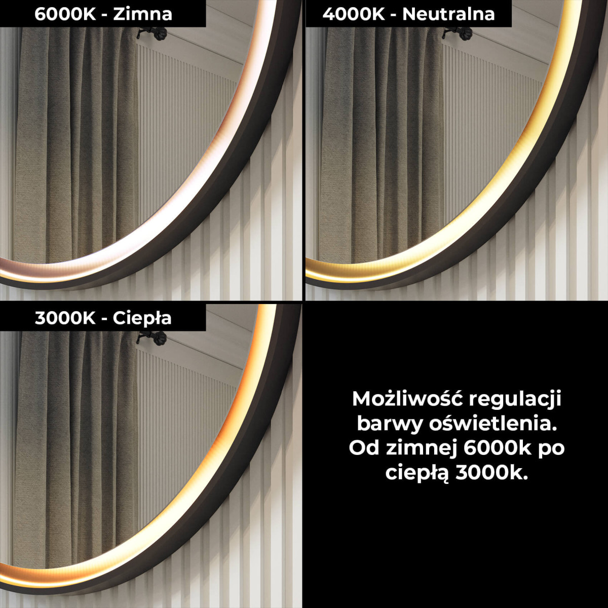 Lustro okrągłe 60 cm w metalowej ramie z podświetleniem LED