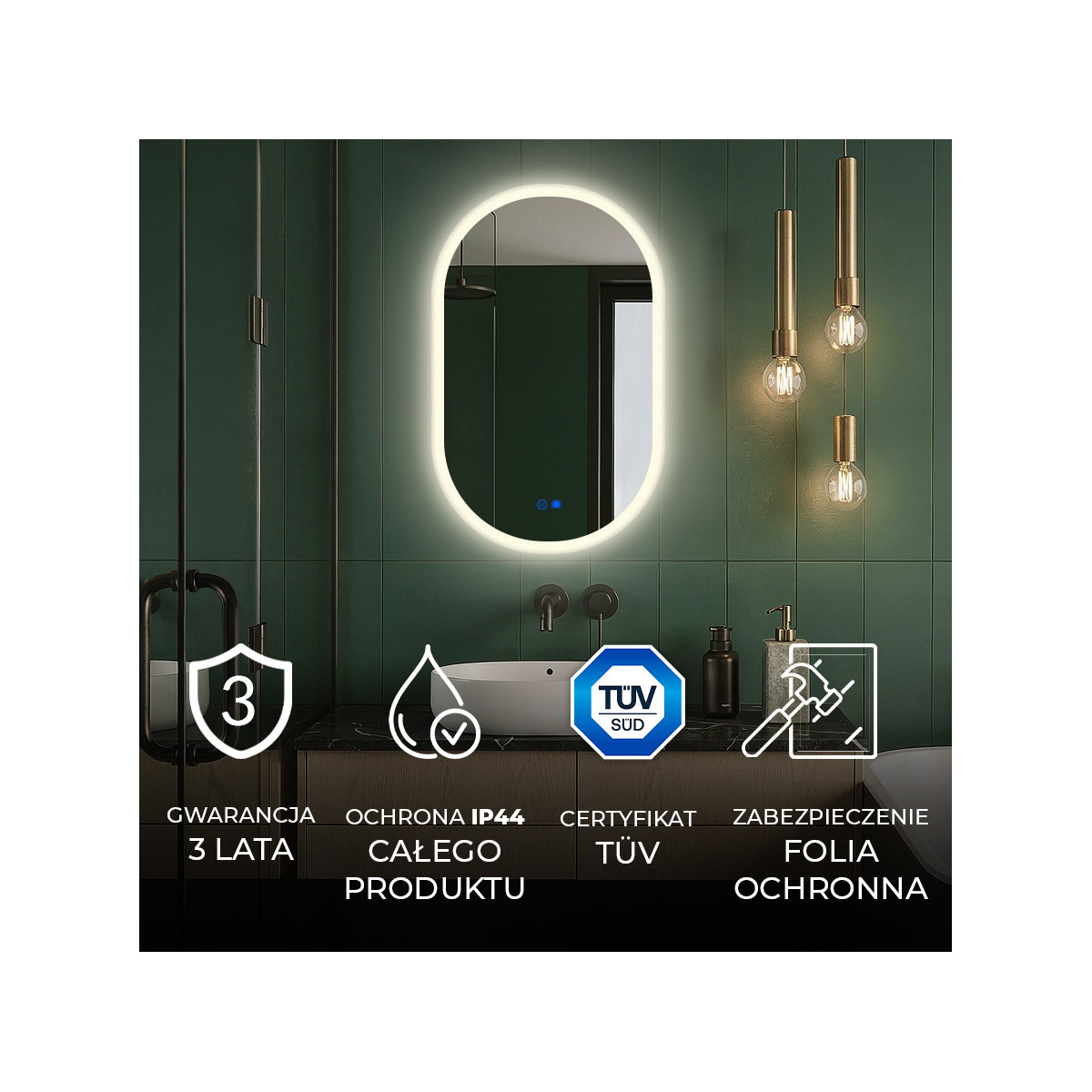 80x50 cm Podświetlane lustro do łazienki, 80x50cm, Dual color, Włącznik dotykowy, Mata grzewcza