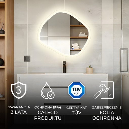 84x74 cm Lustro łazienkowe z oświetleniem, 84x74cm, Dual color, Włącznik dotykowy, Mata grzewcza