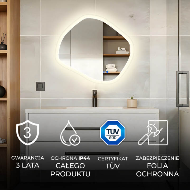 84x74 cm Lustro łazienkowe z oświetleniem, 84x74cm, Dual color, Włącznik dotykowy, Mata grzewcza