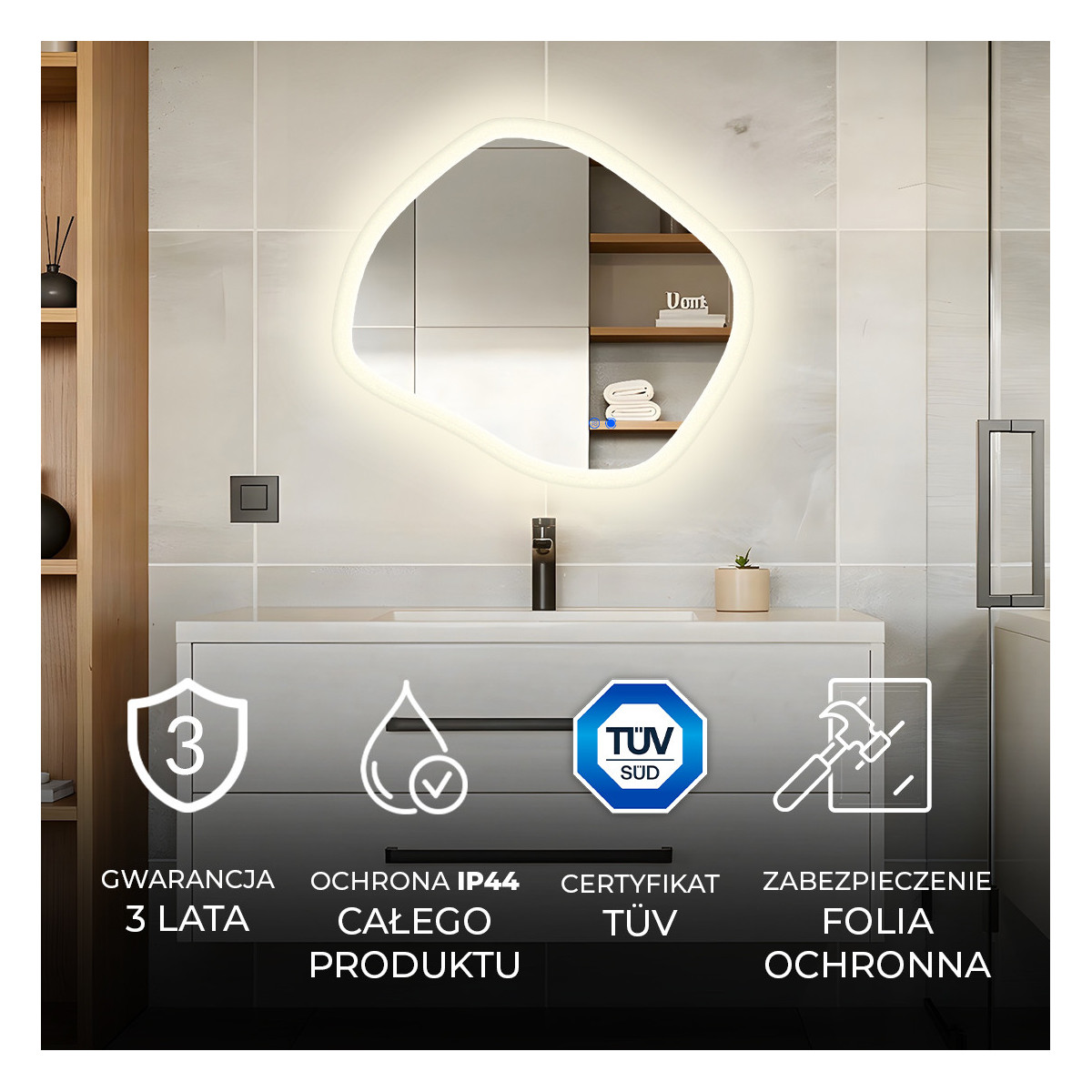 84x74 cm Lustro łazienkowe z oświetleniem, 84x74cm, Dual color, Włącznik dotykowy, Mata grzewcza