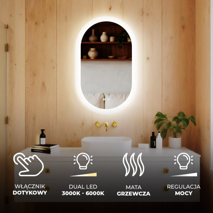 80x50 cm Podświetlane lustro do łazienki, 80x50cm, Dual color, Włącznik dotykowy, Mata grzewcza