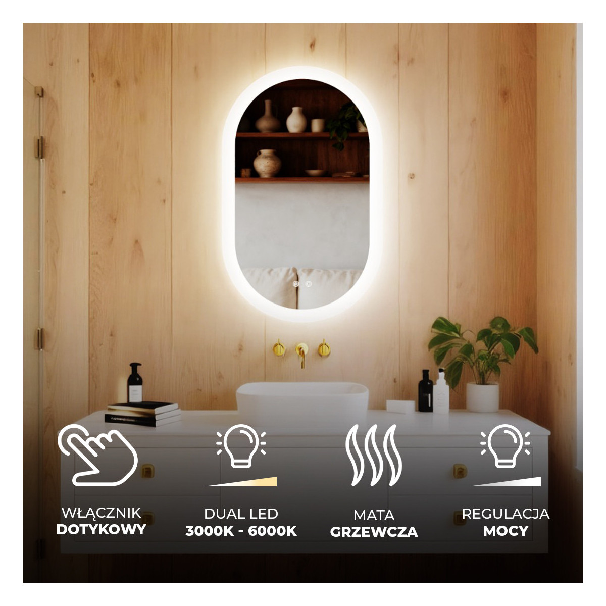 80x50 cm Podświetlane lustro do łazienki, 80x50cm, Dual color, Włącznik dotykowy, Mata grzewcza
