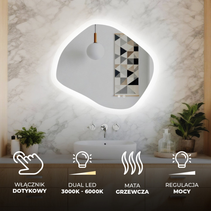 84x74 cm Lustro łazienkowe z oświetleniem, 84x74cm, Dual color, Włącznik dotykowy, Mata grzewcza