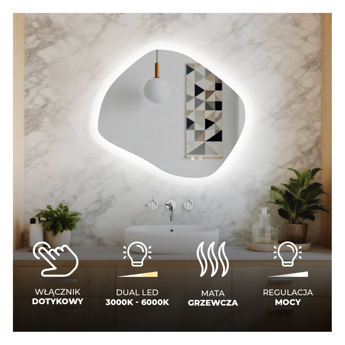 84x74 cm Lustro łazienkowe z oświetleniem, 84x74cm, Dual color, Włącznik dotykowy, Mata grzewcza