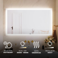 120x70 cm Prostokątne lustro do łazienki podświetlane LED 120x70cm z Dual color, Włącznik dotykowy, Mata grzewcza