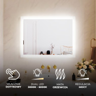80x60 cm Prostokątne lustro łazienkowe LED 80x60cm z Dual color, Włącznik dotykowy, Mata grzewcza