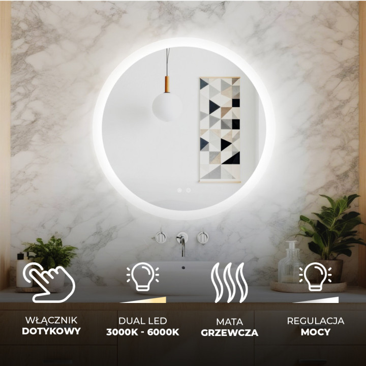 80x80 cm Lustro łazienkowe okrągłe z oświetleniem LED 80cm z Dual color, Włącznik dotykowy, Mata grzewcza