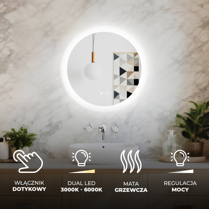 Lustra okrągłe z oświetleniem LED do łazienki 60cm z Dual color, Włącznik dotykowy, Mata grzewcza