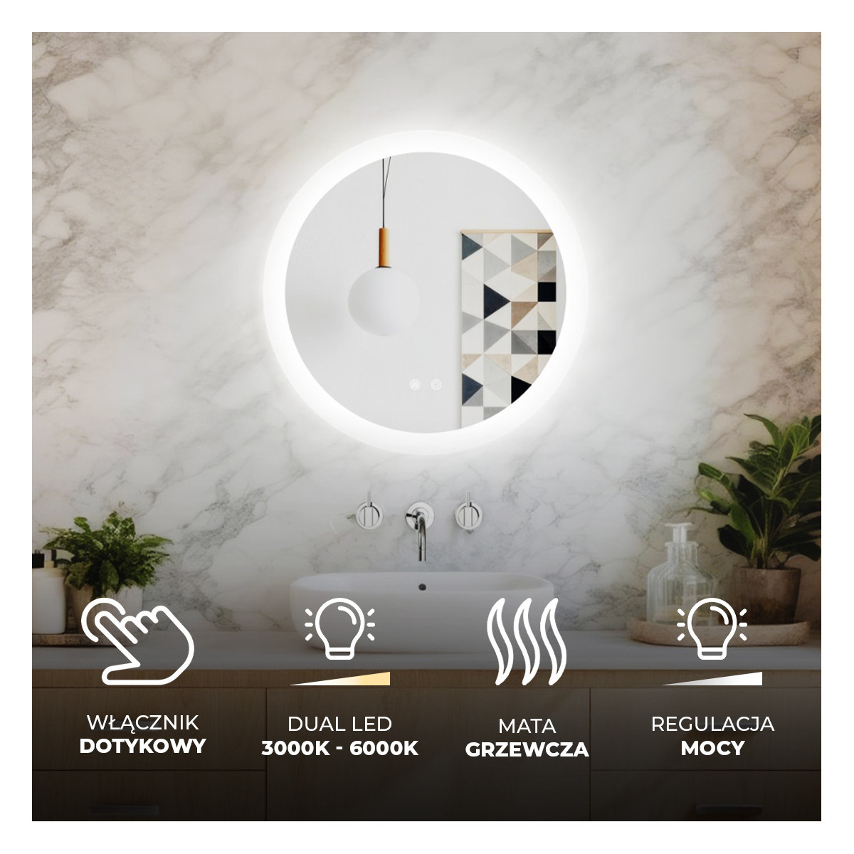 Lustra okrągłe z oświetleniem LED do łazienki 60cm z Dual color, Włącznik dotykowy, Mata grzewcza