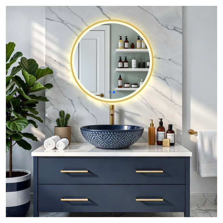 Lustro okrągłe LED w złotej aluminiowej ramie - 60 cm