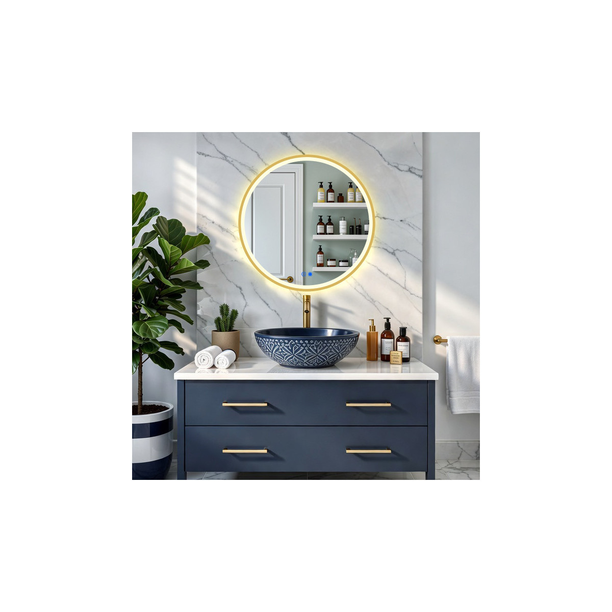 Lustro okrągłe LED w złotej aluminiowej ramie - 60 cm