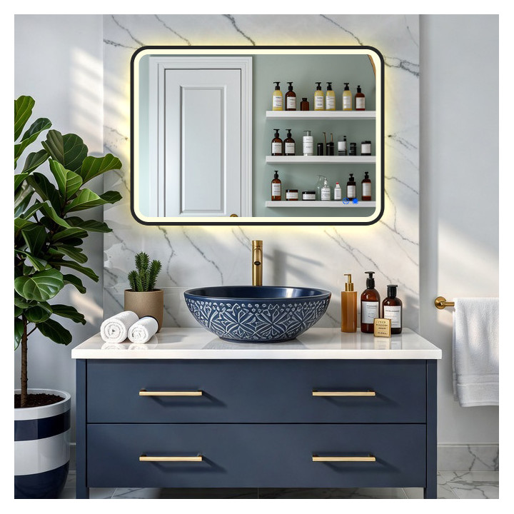 80x60/60x80 cm Zaokrąglone lustro z podświetleniem LED w czarnej aluminiowej ramie