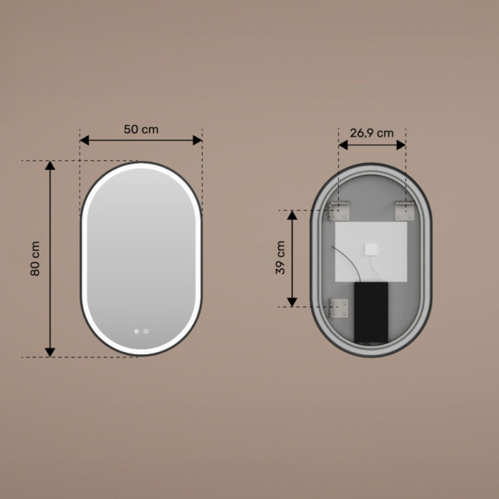 50x80/80x50 cm Owalne lustro z podświetleniem LED w czarnej aluminiowej ramie