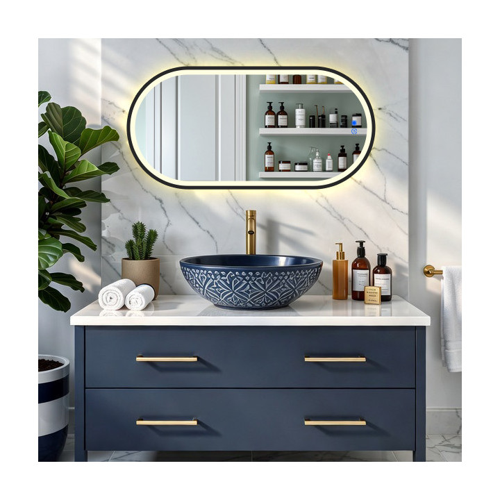 50x80/80x50 cm Owalne lustro z podświetleniem LED w czarnej aluminiowej ramie