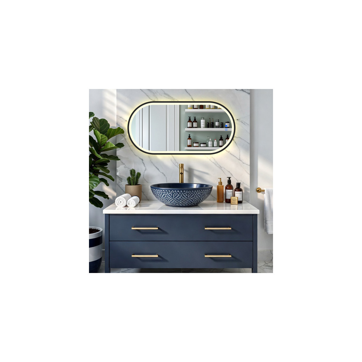 50x80/80x50 cm Owalne lustro z podświetleniem LED w czarnej aluminiowej ramie