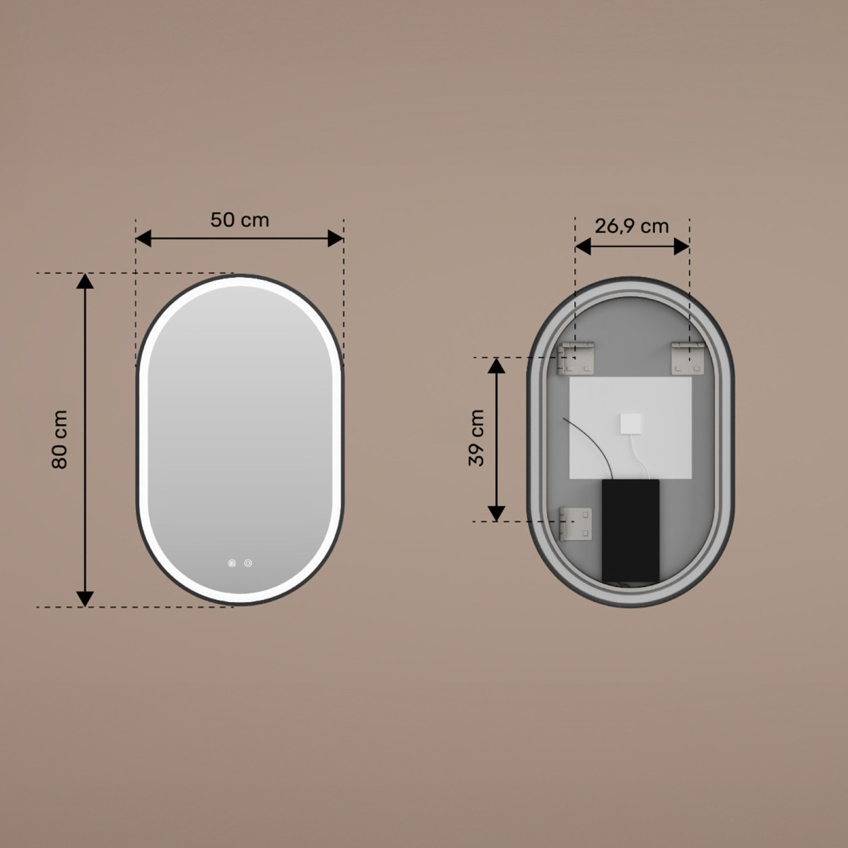 Owalne lustro podświetlane LED - 50x80/80x50 cm w srebnej ramie aluminiowej
